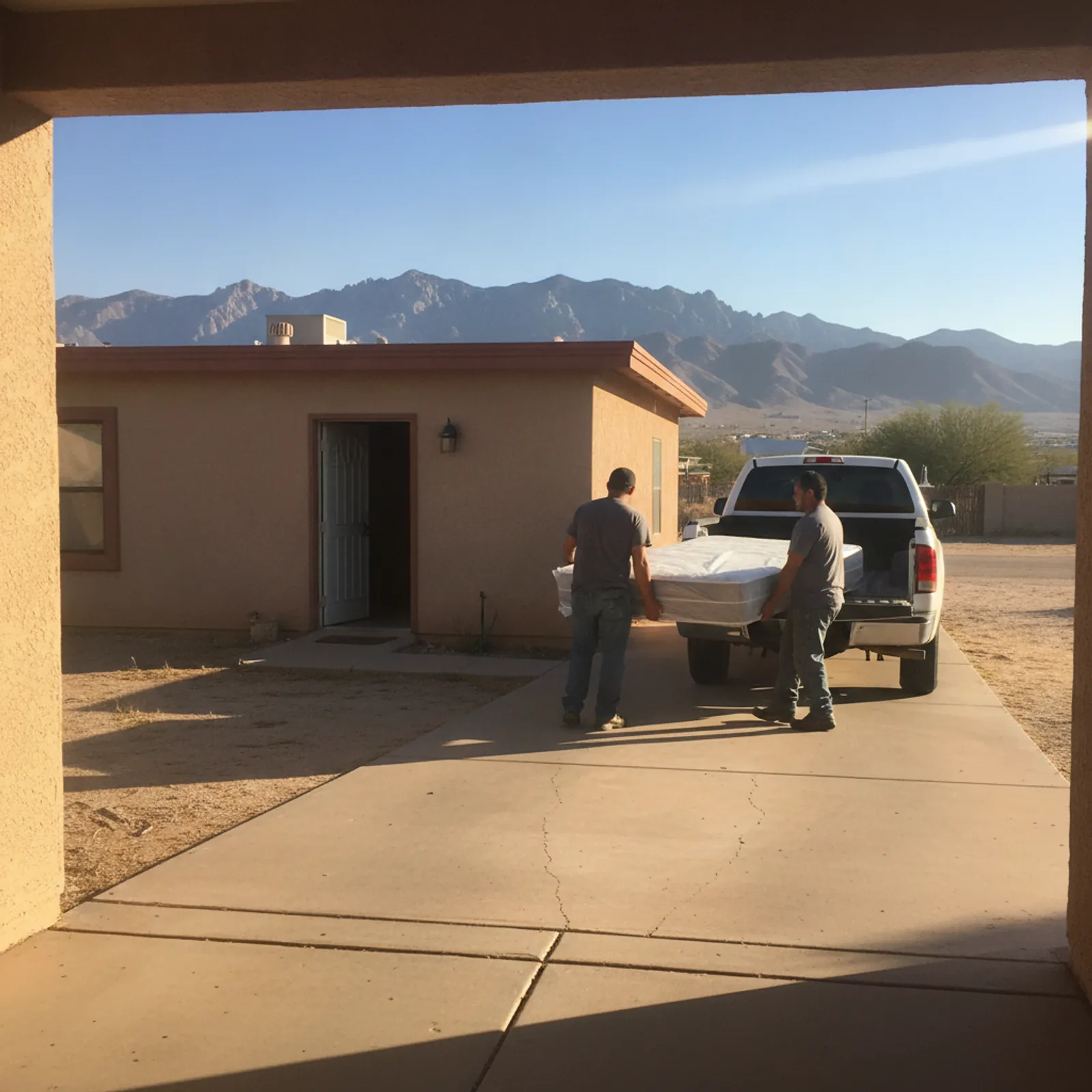 El Paso Mattress Removal crew carrying a wrapped mattress to the truck with the Franklin Mountains behind
