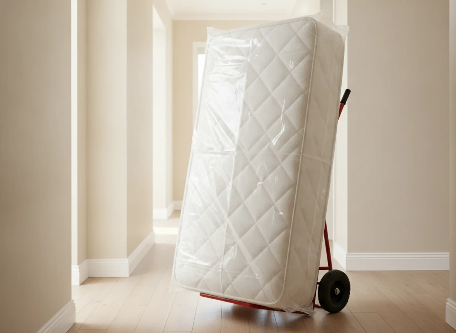 Shrink-wrapped mattress carried cleanly through an El Paso hallway