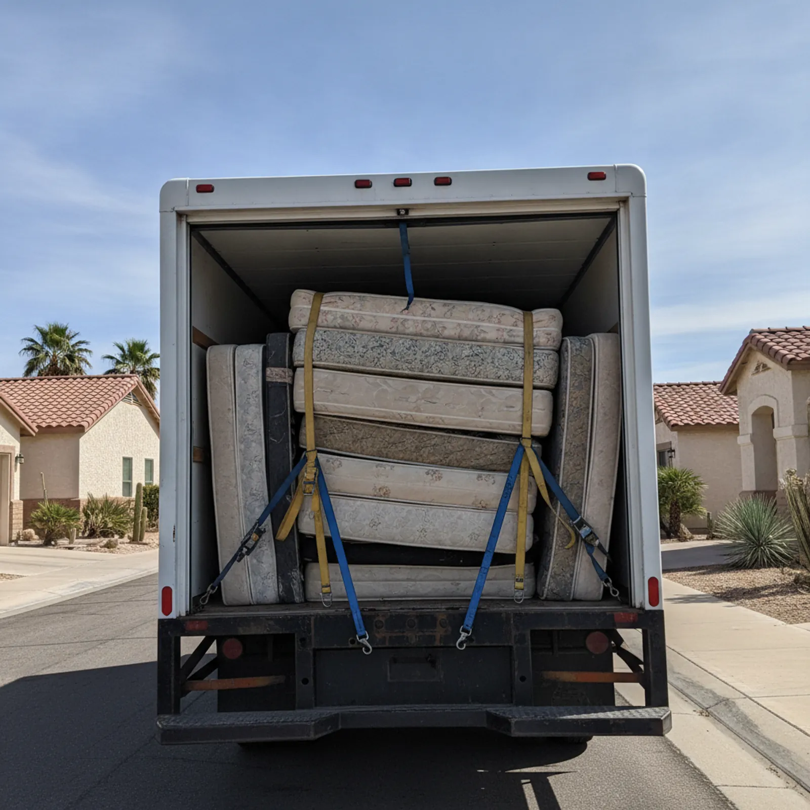 Truck bed loaded with old mattresses and box springs for recycling in El Paso